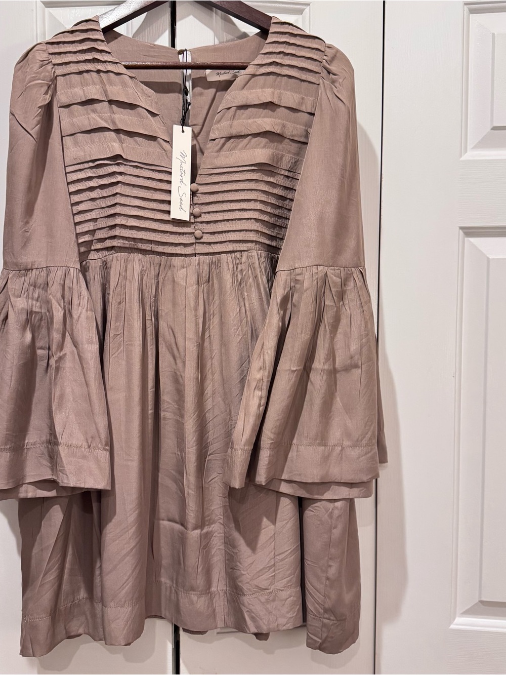 Mustard Seed Pleated V-Neck Long Sleeve Dress in Taupe